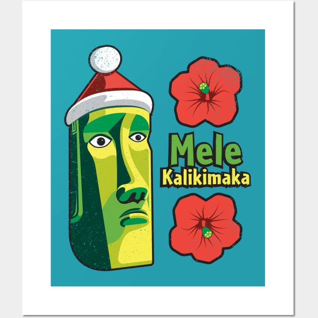 Tiki Style Easter Island Moai Wishes Merry Christmas in Hawaiian - Mele Kalikimaka Wall Art by RYSHU 